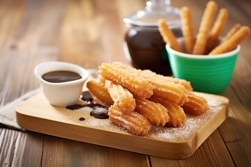 churros drizzled with chocolate sauce on rustic wood