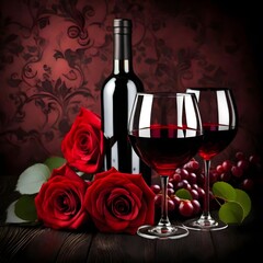Composition with red wine in glasses, red rose and decorative,Happy Valentine's Day
