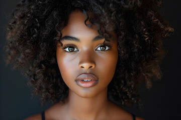 Portrait of a confident and stylish black teen girl with curly hair against a plain brown black background.