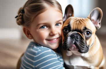 A little blonde-haired girl cuddles a French Bulldog lovingly in a bright apartment, epitomizing pet friendliness. Care and responsibility for the pet. Dog and human are best friends