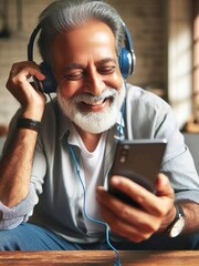 Smiling Grandpa Enjoying Music. This heartwarming photo shows a grandfather smiling and enjoying music on headphones. His expression shows pure joy