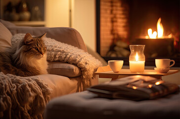 Siberian Cat Enjoying a Warm Living Room by the Fireplace