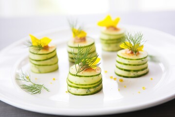 Obraz na płótnie Canvas cucumber rounds layered with dill on white plate