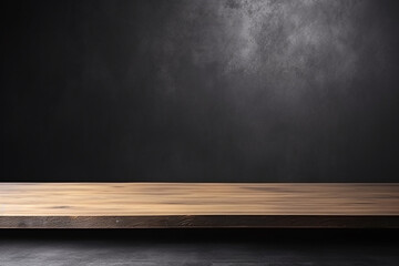 "Empty Wooden Table Top on Black Dark Concrete"






