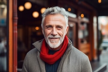 Portrait of a senior man with a red scarf in a cafe