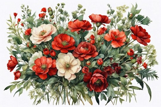 watercolor red wildflowers bouquet, designs on white, perfect for cards, greetings, and invitations