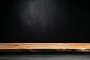 "Empty Wooden Table Top on Black Dark Concrete"






