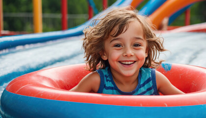Happy kid on water tube slide. AI generated - obrazy, fototapety, plakaty
