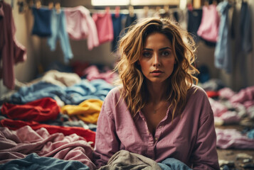 Fototapeta na wymiar Young tired and sad female with laundry. AI generated