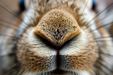 Closeup funny fluffy rabbit mouth, whiskers and nose. Young little bunny. Happy Easter concept. Cute pet for background, poster, print, design card, banner, flyer - obrazy, fototapety, plakaty