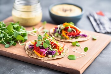 colorful flaxseed wraps with hummus and sprouts on a slate