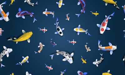 Seamless pattern koi fish on deep blue background.