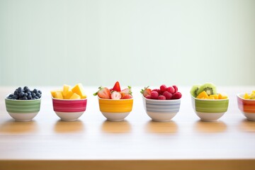 rainbow fruit salad in a lined-up row of small bowls