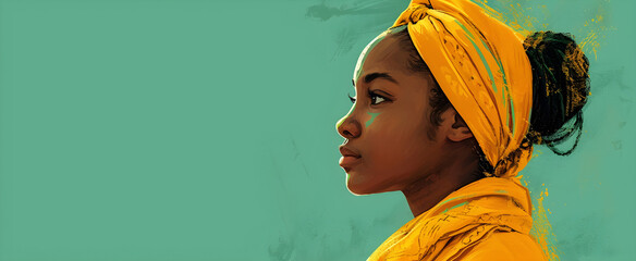 Illustration of a young black girl with a headscarf on a green background, suitable for Black History Month celebration and diversity promotion. - obrazy, fototapety, plakaty