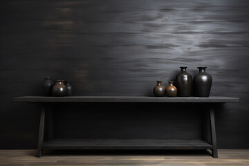 "Elegant Display: Dark Wooden Board Table for Product Showcase"