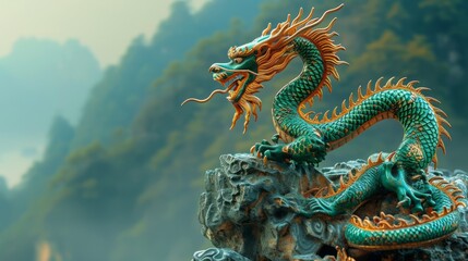 Intricate Jade Dragon Statue with Mountain Backdrop