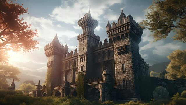 An old abandoned castle its towers stretching to the sky hiding soing sinister behind its walls.
