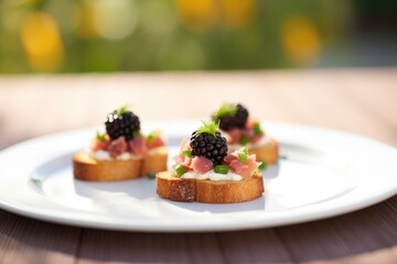 blackberry tartare on mini toasts for appetizer - obrazy, fototapety, plakaty