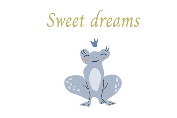 cute frog with lettering sweet dreams. Vector illustration isolated. 