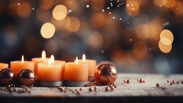 Christmas Decorations With Candles On A Snowy Background.