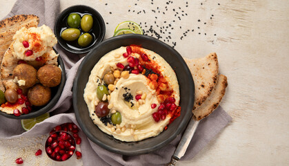 Traditional homemade hummus, falafel and pita.