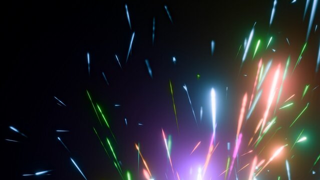bunt leuchtendes Silvesterfeuerwerk, Farbexplosionen, Funken, Lichtstrahlen, Silvester, Pyrotechnik, Neujahrsfeier
