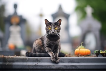 black cat sitting on a cemetery ledge - Powered by Adobe
