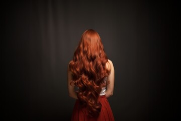Viewed from the rear, long auburn hair flows in natural waves. Generative Ai.