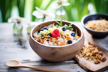 eco-friendly bamboo bowl filled with organic granola mix