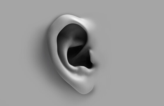 3D render of an ear. Black and white background with ear sculpture.