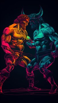 A wrestling match between Minotaur and man AI Generated pictures