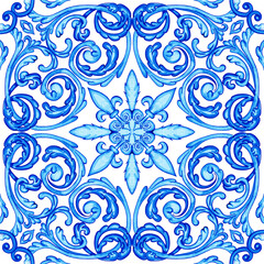 Ceramic tile design in blue colors. Sicilian seamless ornament. Baroque watercolor background. Hand drawn royal ornament. Mediterranean Italian print.