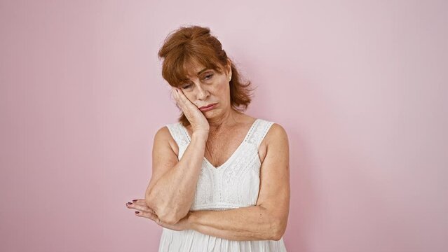 Middle age woman wearing dress, looking tired, bored and stressed. thinking of her depression problems, standing isolated over pink, with arms crossed.
