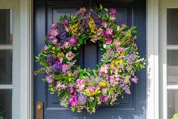 Vibrant Easter floral wreath on front door