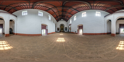 full spherical hdri 360 panorama inside empty abandoned of portugese church in old goa india, unesco monument in equirectangular projection, VR AR virtual reality content - obrazy, fototapety, plakaty