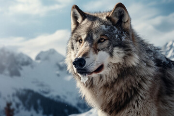Naklejka na ściany i meble Beautiful dangerous wolf in winter