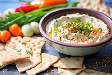 chickpeas scattered around hummus bowl with pita nearby