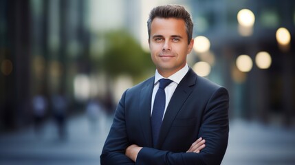 Legal Advisor portrait on blurred background. Smiling middle aged business man