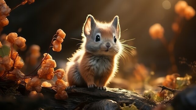 Cinematic scene of a baby squirrel with a fluffy big tail,
