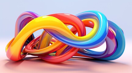 Abstract 3D rendering of rainbow colors twisted into circular structures on various colorful backgrounds. Beautiful, sparkling multi-colored ribbons