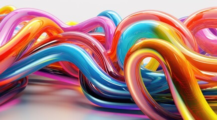 Abstract 3D rendering of rainbow colors twisted into circular structures on various colorful backgrounds. Beautiful, sparkling multi-colored ribbons