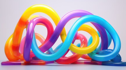 Abstract 3D rendering of rainbow colors twisted into circular structures on various colorful backgrounds. Beautiful, sparkling multi-colored ribbons