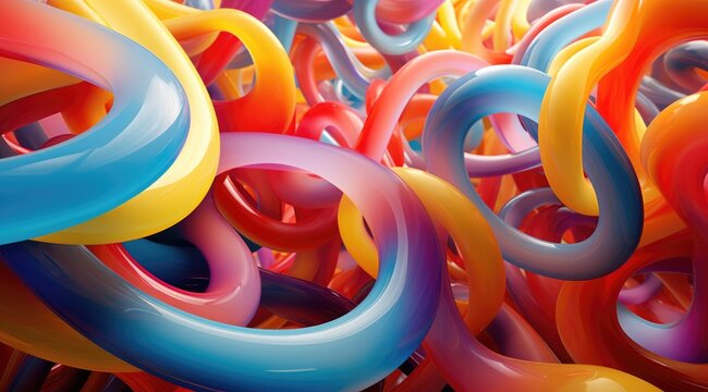 Abstract 3D rendering of rainbow colors twisted into circular structures on various colorful backgrounds. Beautiful, sparkling multi-colored ribbons © Wayu
