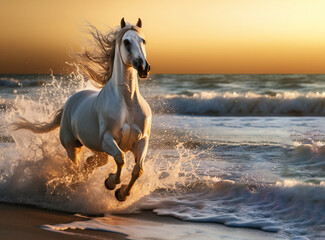 a beautiful Arabian horse runs along the sea waves and develops its mane in the morning at dawn