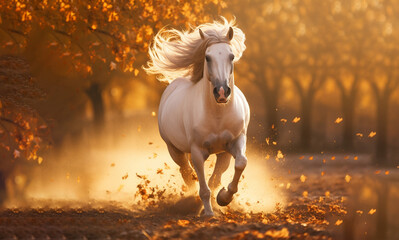 a beautiful Arabian horse runs in the autumn and flutters its mane in the evening at sunset