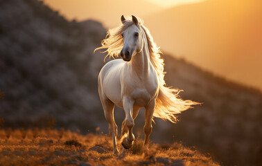 a beautiful Arabian horse runs in the mountains and flutters her mane in the evening at sunset