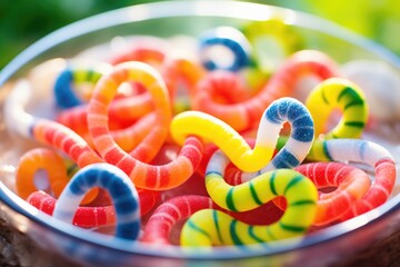 swirled gummy snakes in a rainbow coil - obrazy, fototapety, plakaty