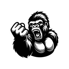Vector logo of a raging gorilla doing a fist punch. Professional logo of a mad kong. Black and white logo of an ape isolated on a white background. © Rifqi Chandra