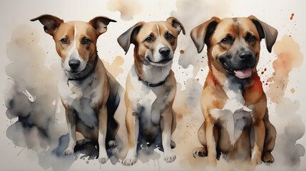 Three dogs are sitting affectionately. illustration in watercolor style. dog portrait. Generative Ai