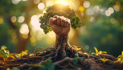 Big tree with roots and a raised fist representing black history month concept, with African roots, in a beautiful HD background. - obrazy, fototapety, plakaty